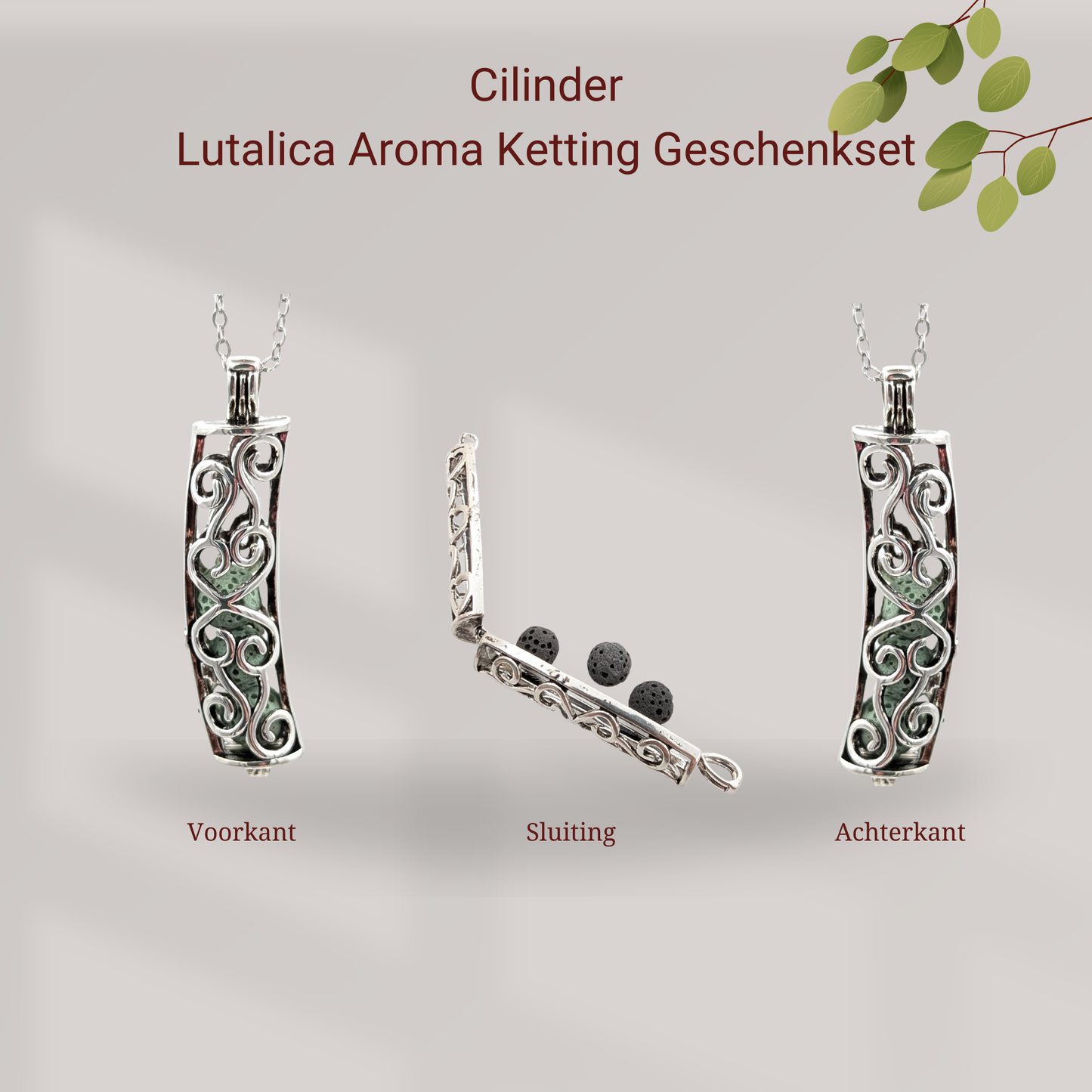 Aroma Necklace with Cylinder Pendant including 12 lava stones | Packaged in a luxurious jewelry box
