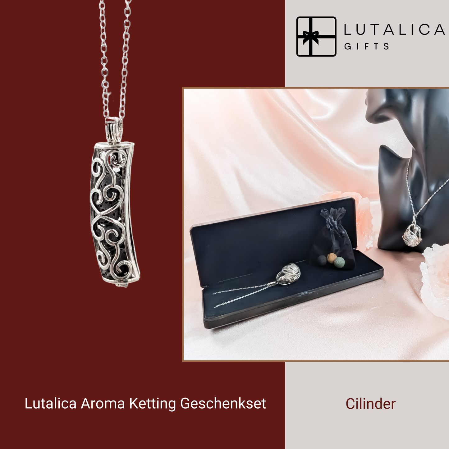 Aroma Necklace with Cylinder Pendant including 12 lava stones | Packaged in a luxurious jewelry box