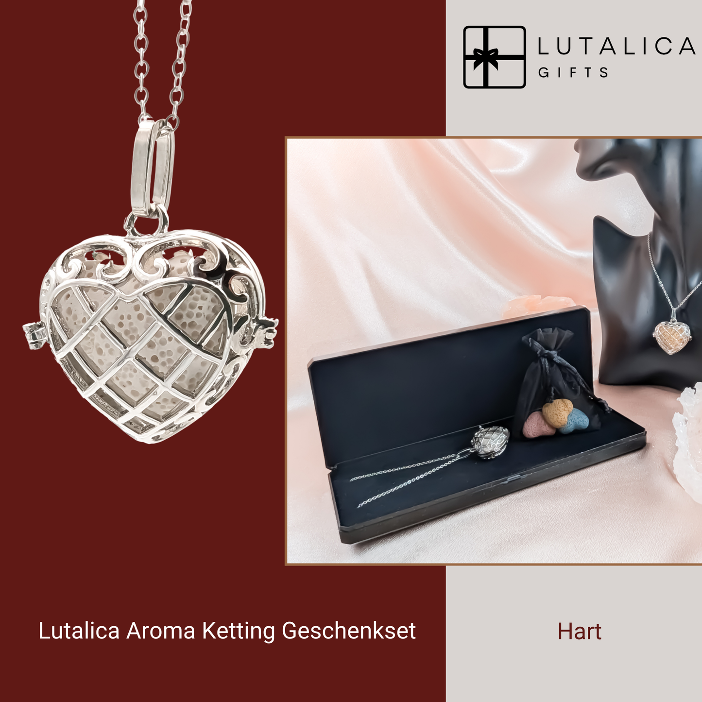 Aroma Necklace with Heart-shaped Pendant including 4 lava stones | Packaged in a luxurious jewelry box