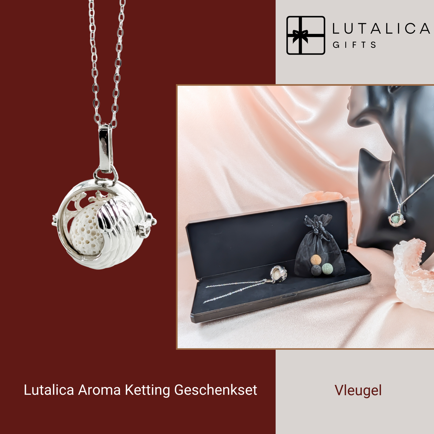 Aroma Necklace with Wing-shaped Pendant including 4 lava stones. | Packaged in a luxurious jewelry box