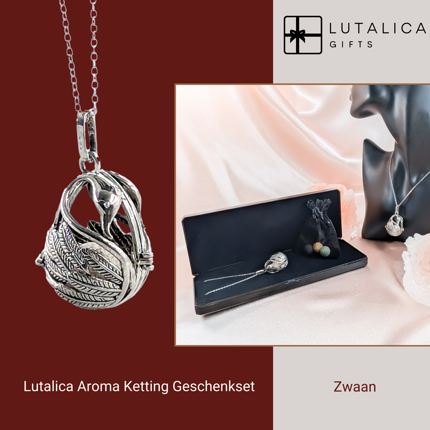 Aroma Necklace with Swan-shaped Pendant including 4 lava stones | Packaged in a luxurious jewelry box