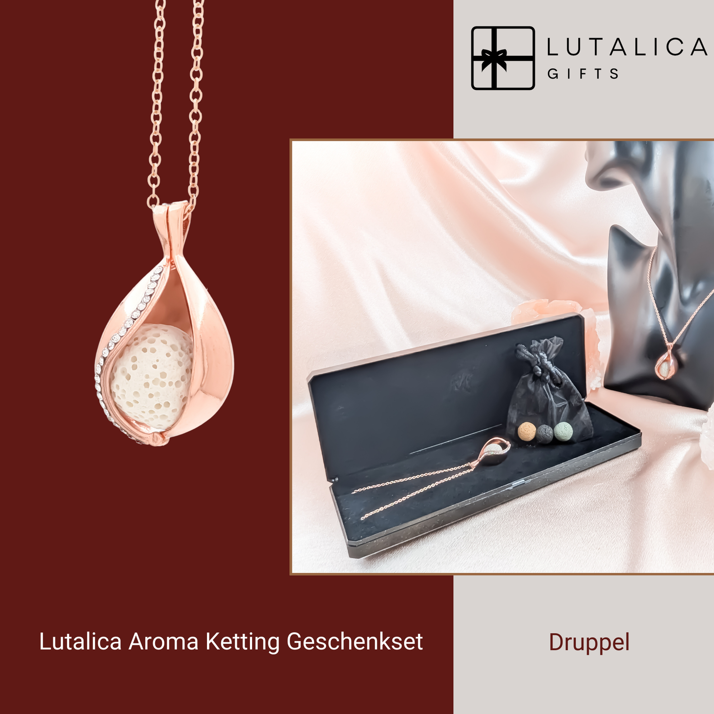 Aroma Necklace with Drop-shaped Pendant including 4 lava stones | Packaged in a luxurious jewelry box
