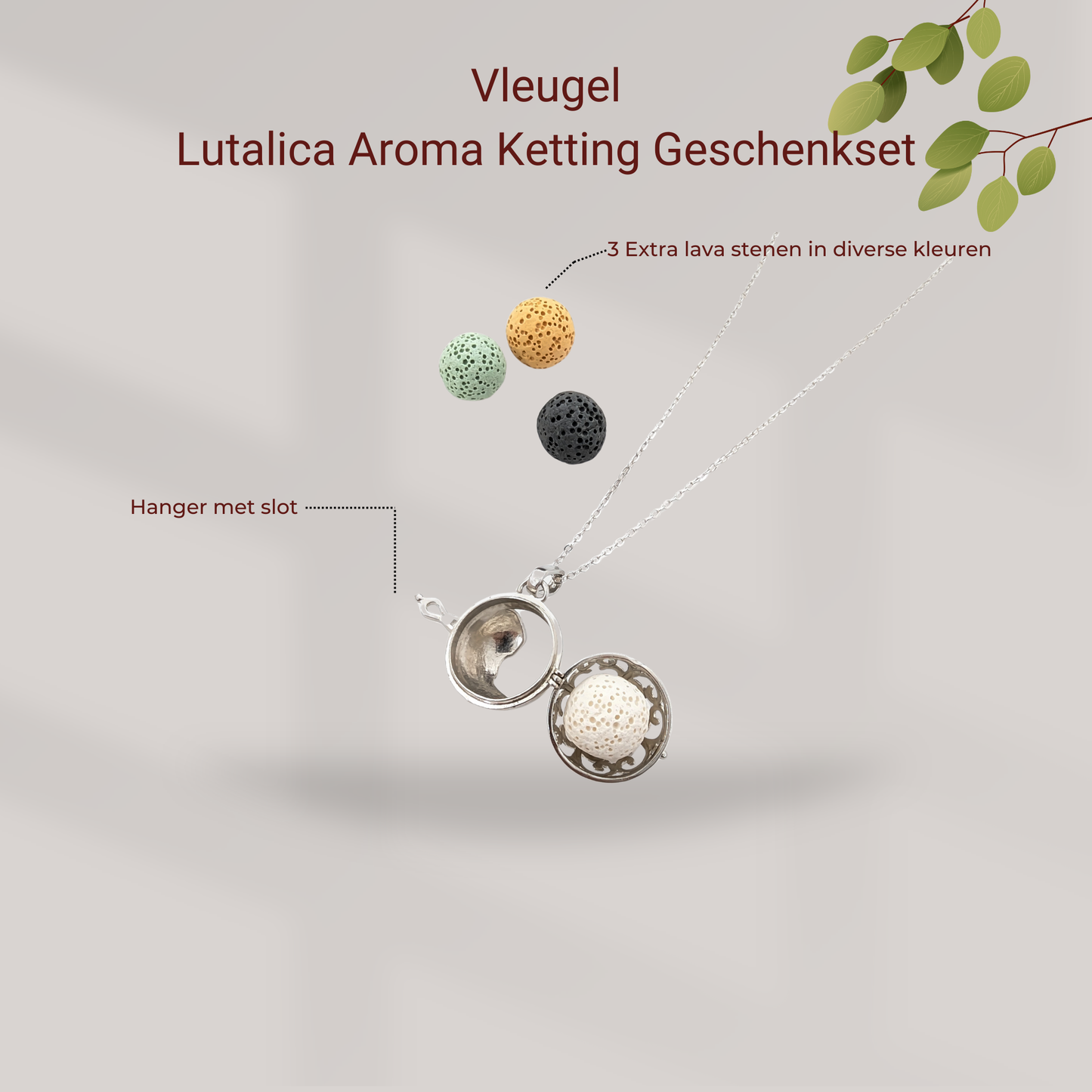 Aroma Necklace with Wing-shaped Pendant including 4 lava stones. | Packaged in a luxurious jewelry box
