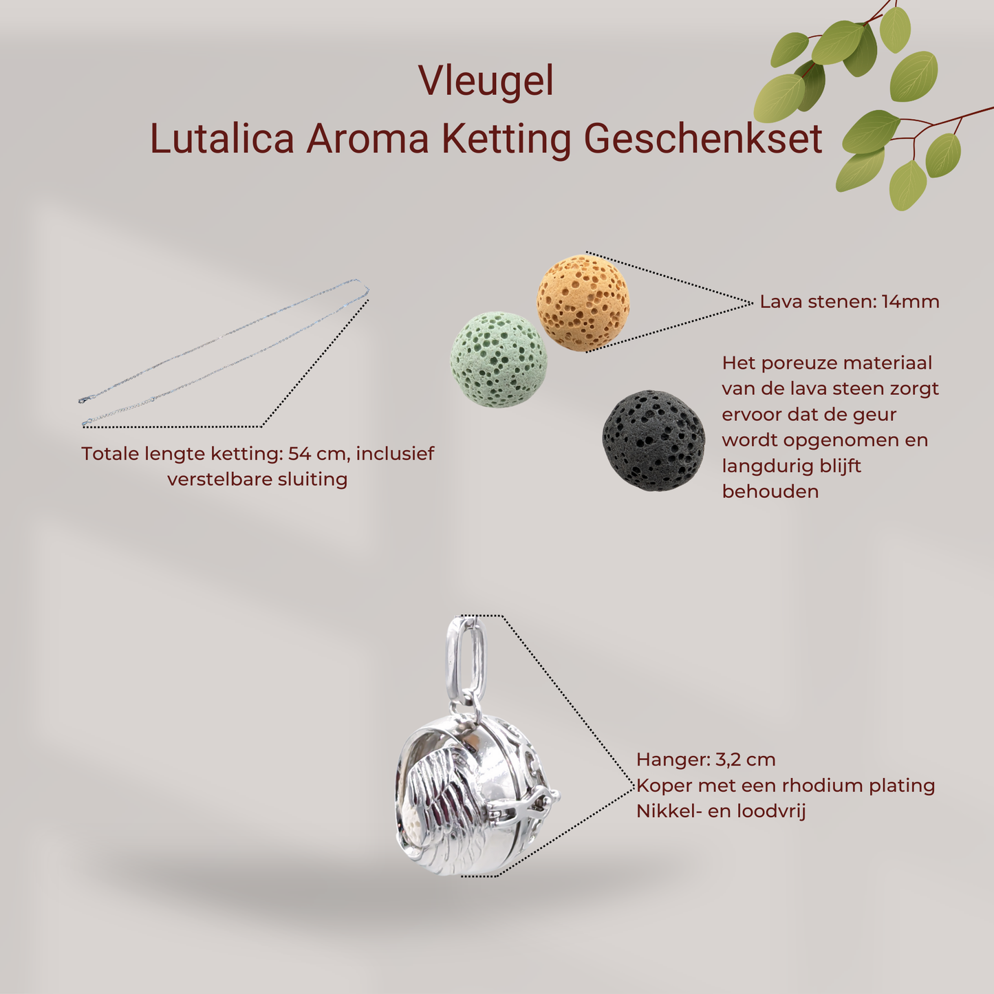 Aroma Necklace with Wing-shaped Pendant including 4 lava stones. | Packaged in a luxurious jewelry box