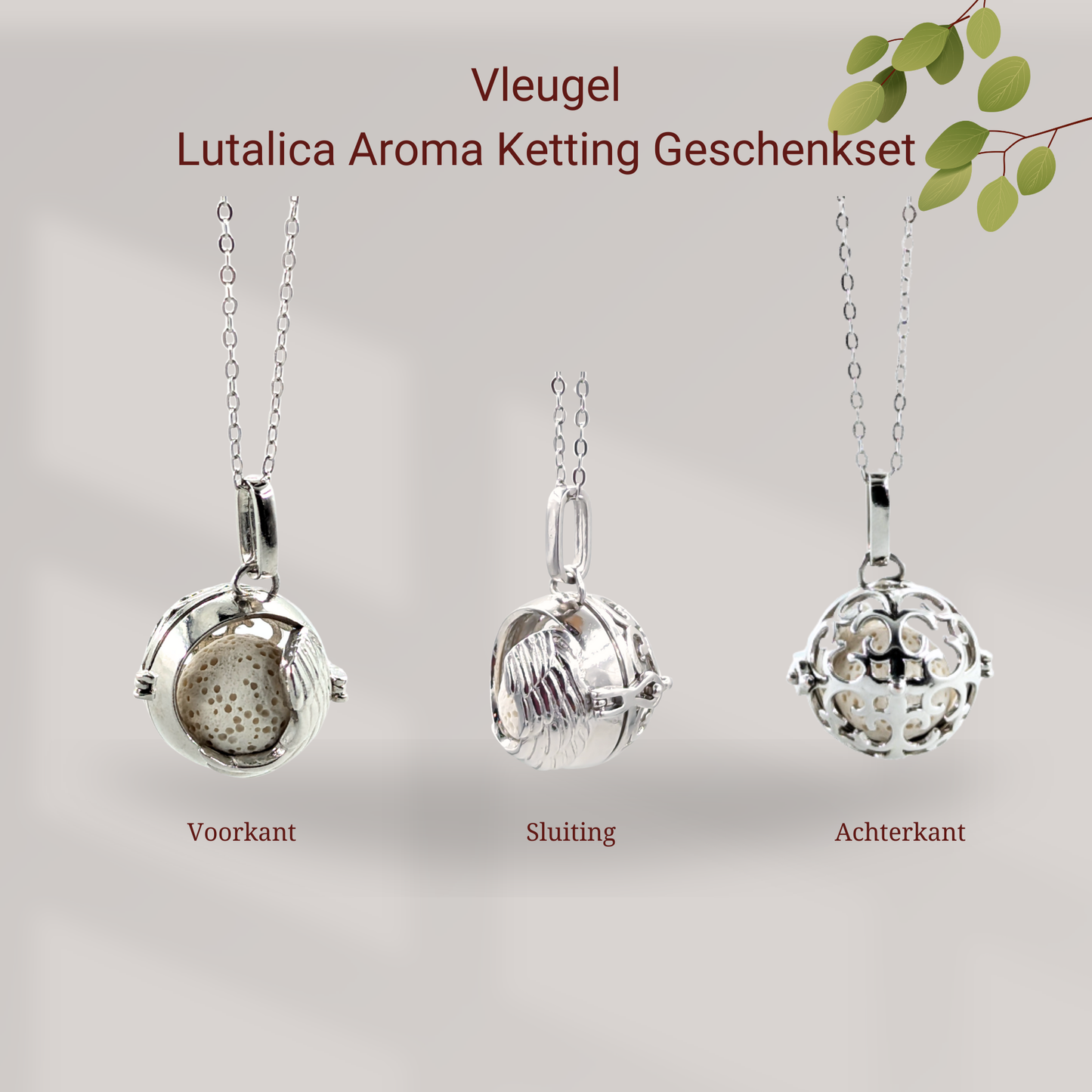 Aroma Necklace with Wing-shaped Pendant including 4 lava stones. | Packaged in a luxurious jewelry box