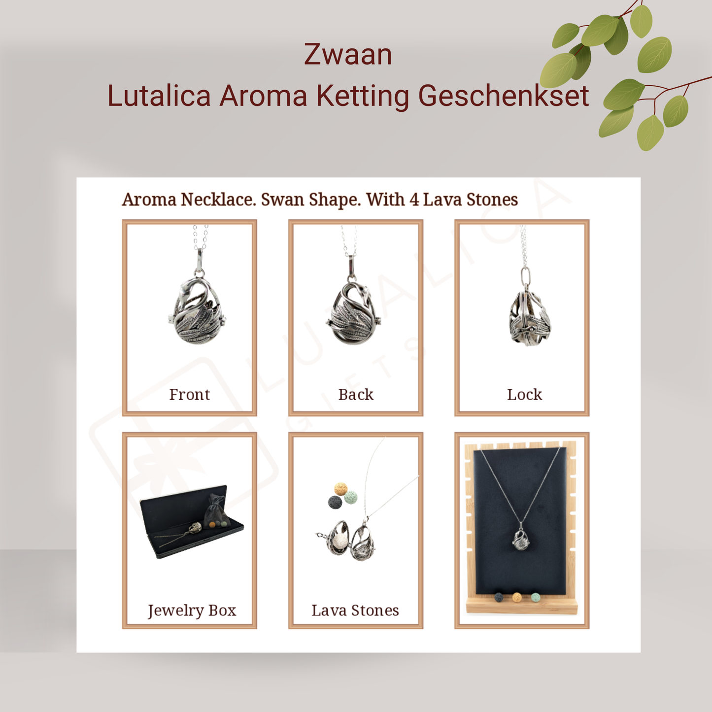 Aroma Necklace with Swan-shaped Pendant including 4 lava stones | Packaged in a luxurious jewelry box