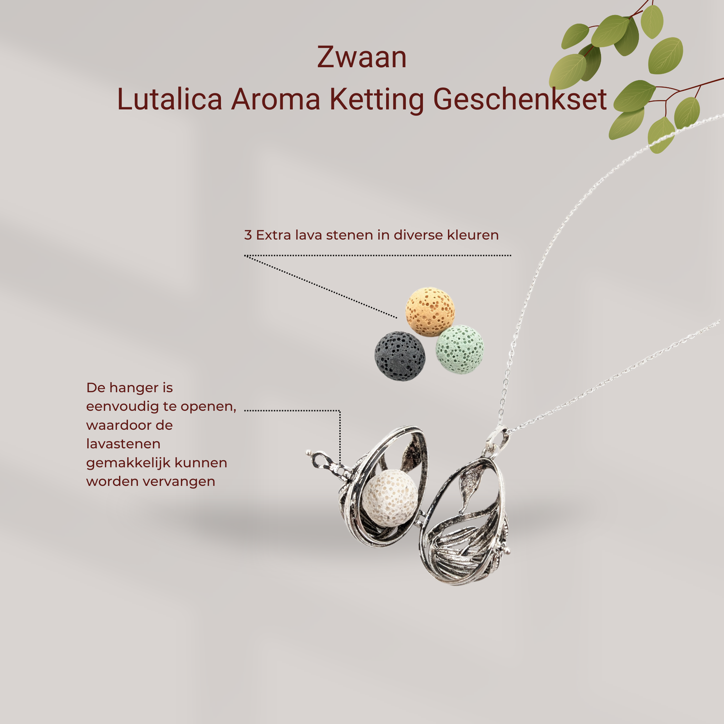 Aroma Necklace with Swan-shaped Pendant including 4 lava stones | Packaged in a luxurious jewelry box