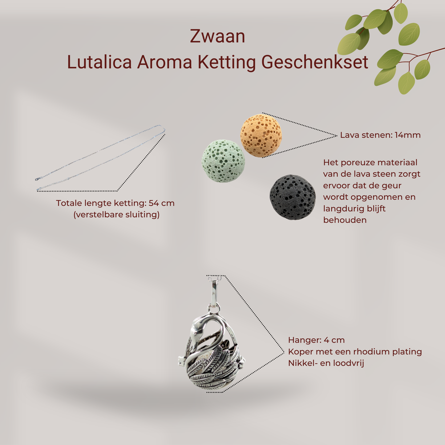 Aroma Necklace with Swan-shaped Pendant including 4 lava stones | Packaged in a luxurious jewelry box
