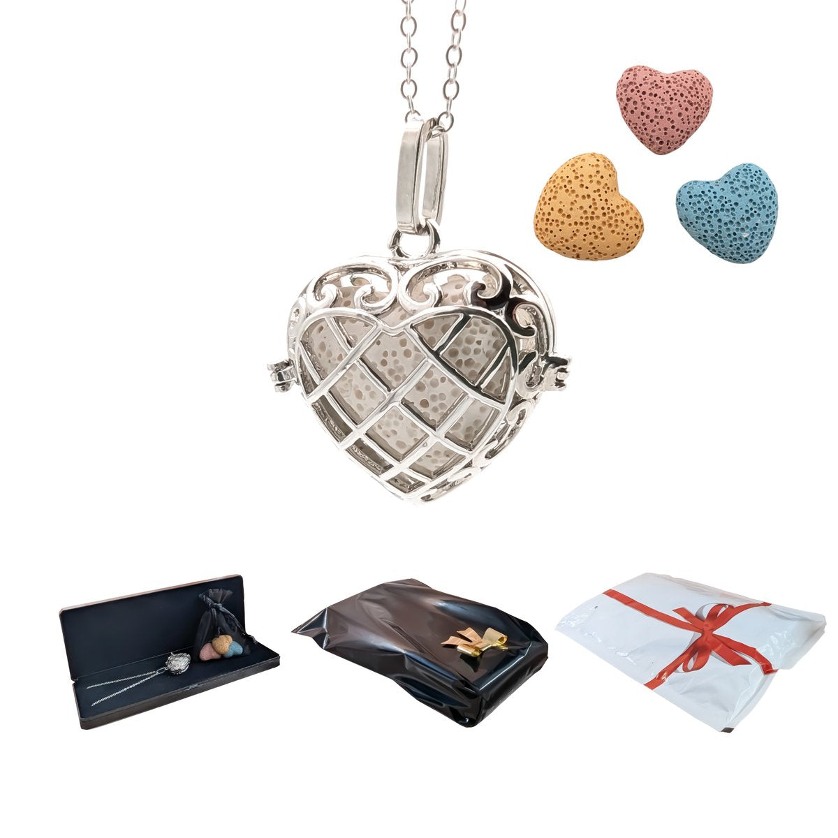 Aroma Necklace with Heart-shaped Pendant including 4 lava stones | Packaged in a luxurious jewelry box