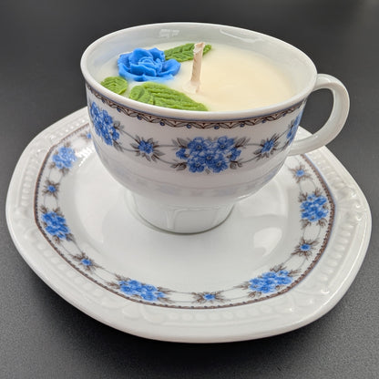 scented candle presented in an authentic Bavaria Mitterteich cup and saucer, marked with the original backstamp. 