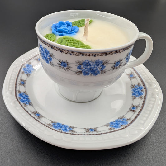 scented candle presented in an authentic Bavaria Mitterteich cup and saucer, marked with the original backstamp. 