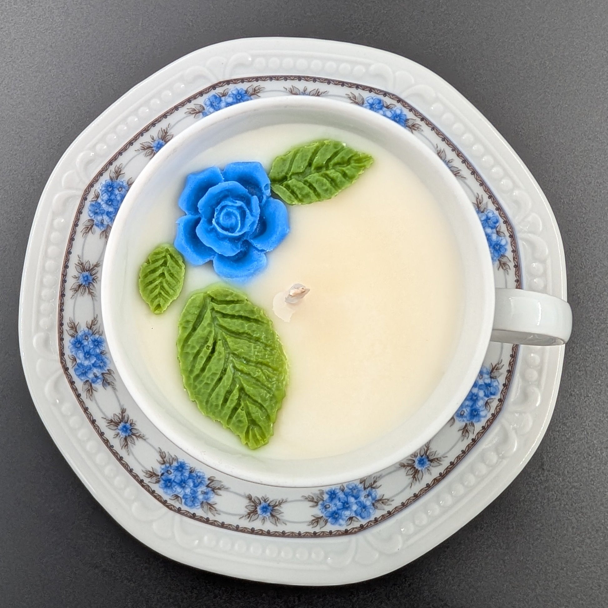 scented candle presented in an authentic Bavaria Mitterteich cup and saucer, marked with the original backstamp.