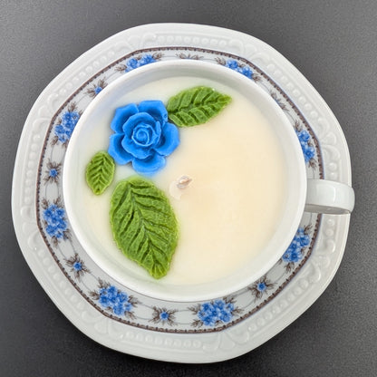scented candle presented in an authentic Bavaria Mitterteich cup and saucer, marked with the original backstamp.