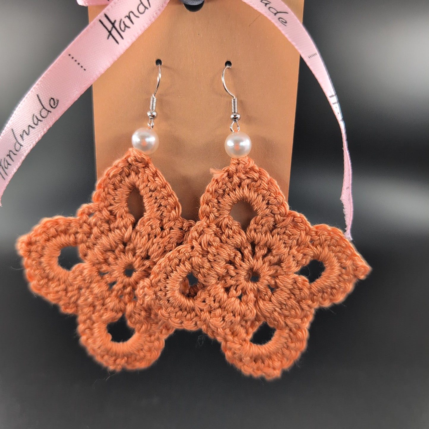 Diamond Shape Crochet Earrings – Handmade by Lutalica. Orange. Gift-ready packaging. 6cm x 6cm