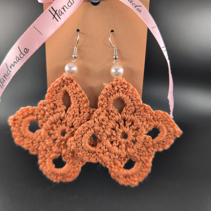 Diamond Shape Crochet Earrings – Handmade by Lutalica. Orange. Gift-ready packaging. 6cm x 6cm
