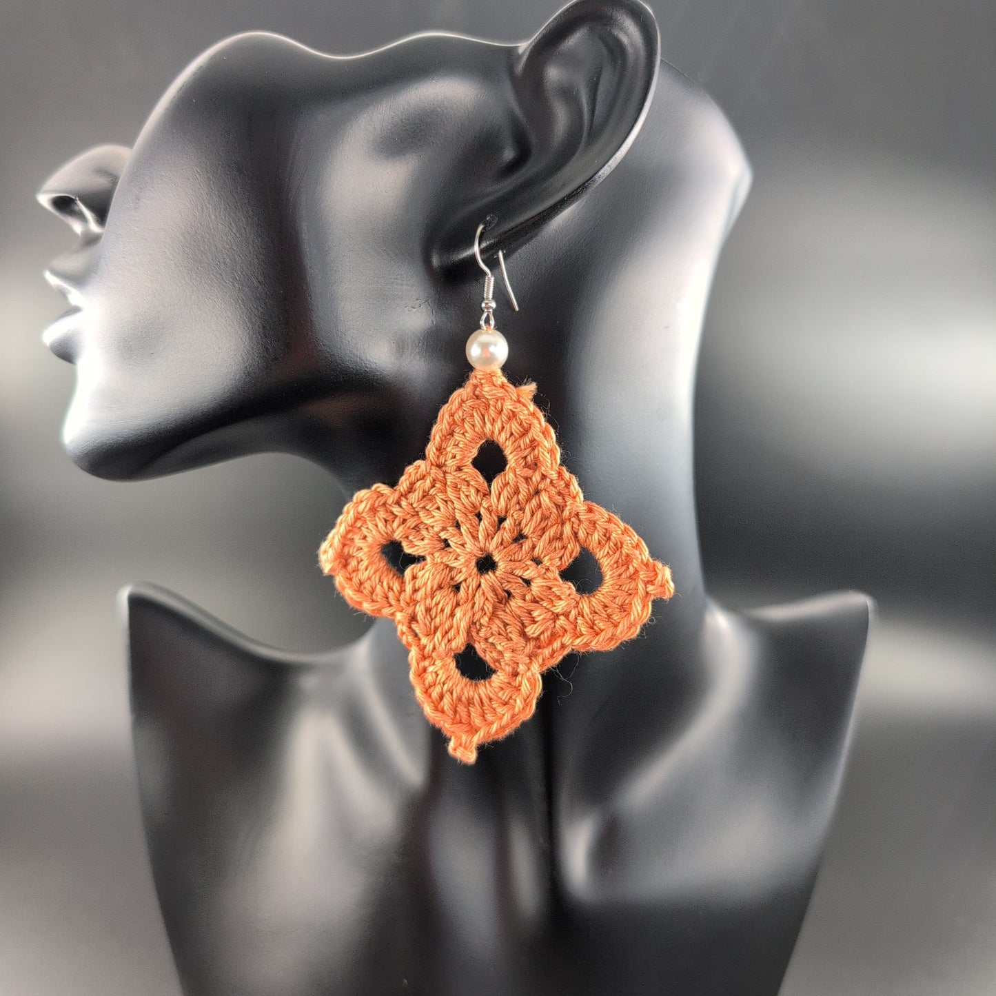 Diamond Shape Crochet Earrings – Handmade by Lutalica. Orange. Gift-ready packaging. 6cm x 6cm