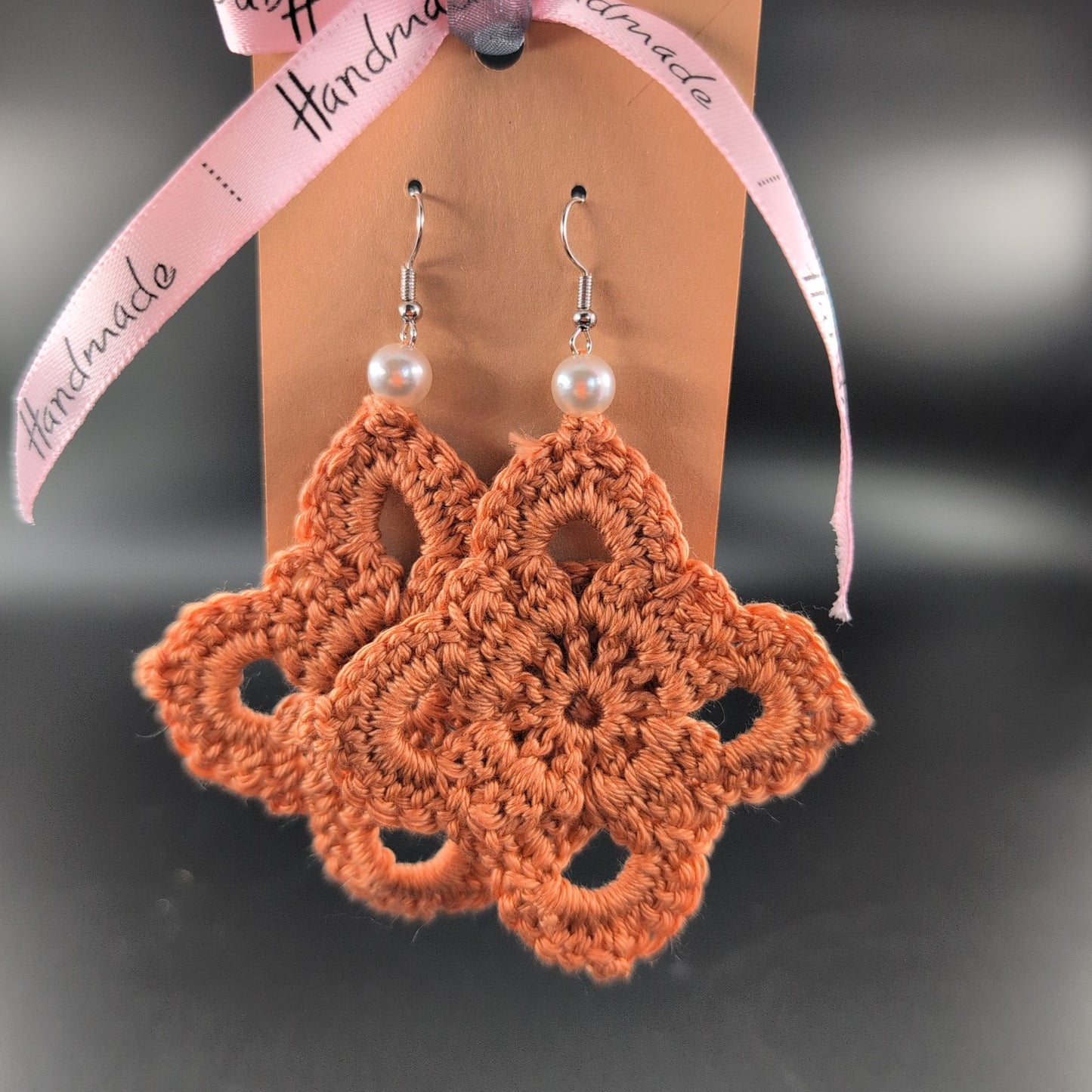 Diamond Shape Crochet Earrings – Handmade by Lutalica. Orange. Gift-ready packaging. 6cm x 6cm
