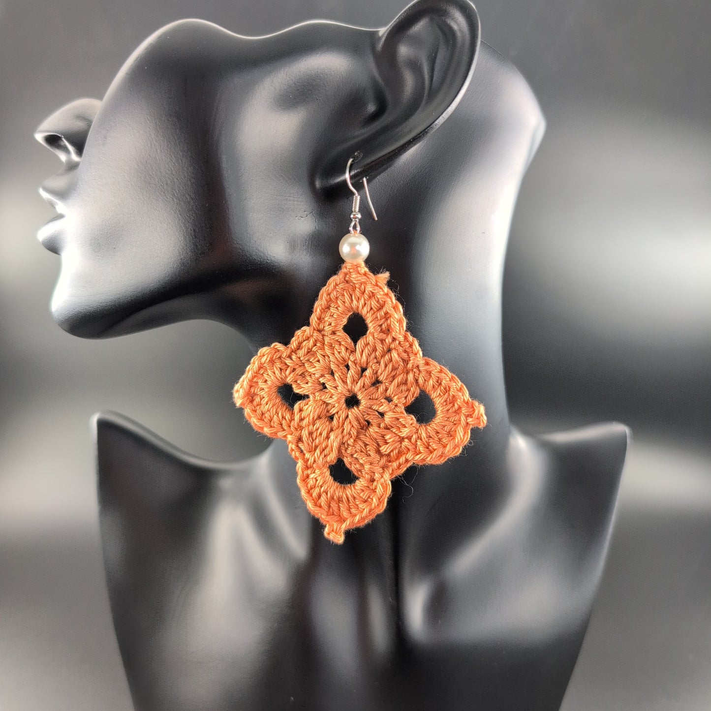 Diamond Shape Crochet Earrings – Handmade by Lutalica. Orange. Gift-ready packaging. 6cm x 6cm