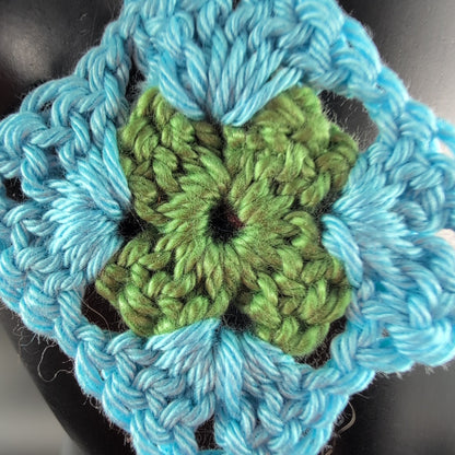 Granny Square Crochet Earrings – Handmade by Lutalica. Blue & Green. Gift-ready packaging. 4cm x 4cm