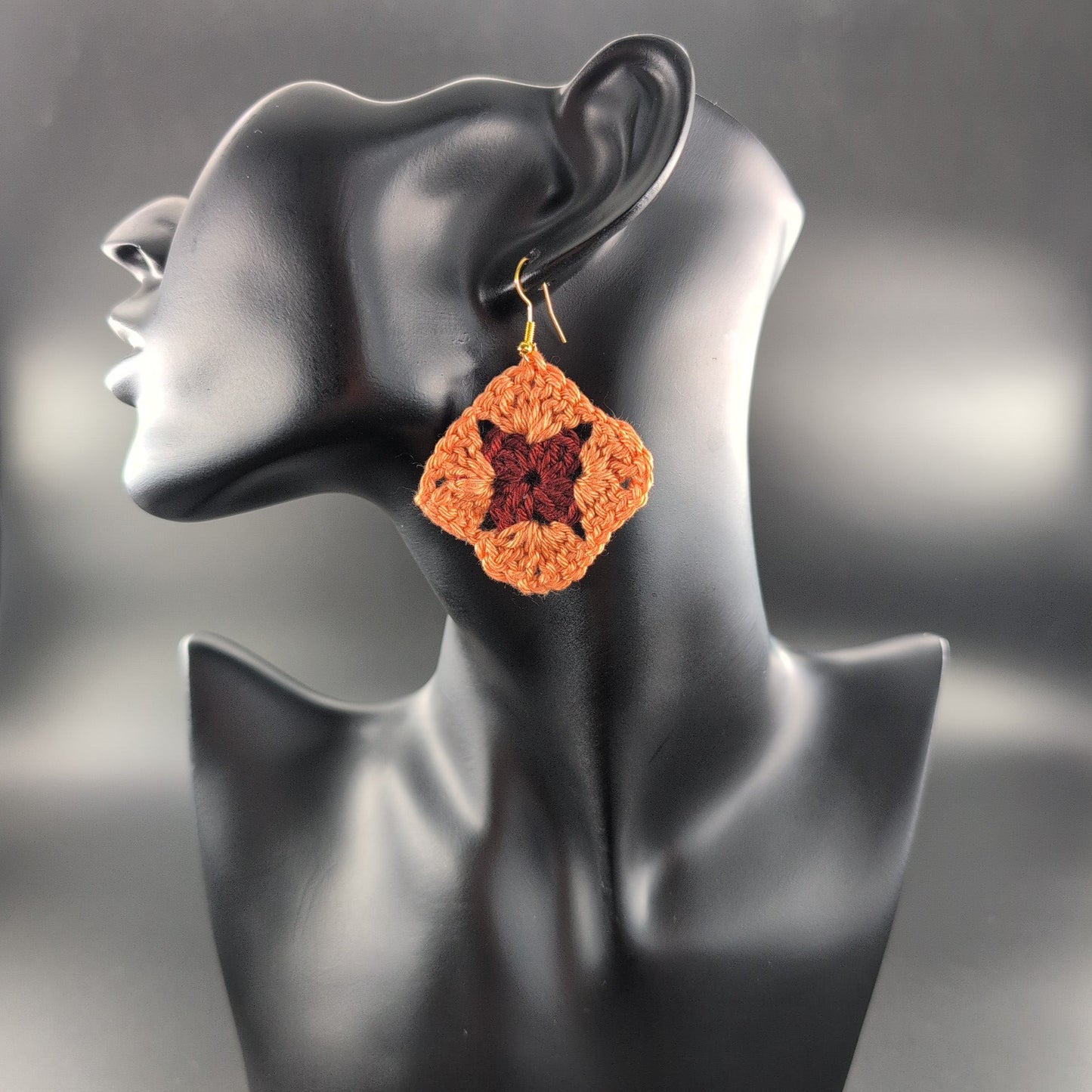 Granny Square Crochet Earrings – Handmade by Lutalica. Orange & Brown. Gift-ready packaging. 4cm x 4cm