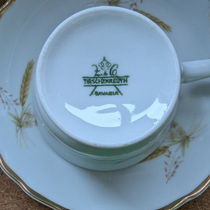 scented candle presented in an authentic Bavaria Tirschenreuth cup and saucer, marked with the original backstamp. 