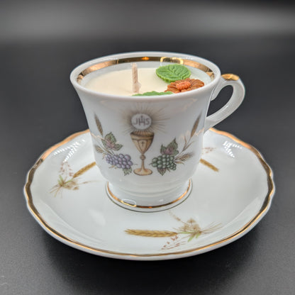 scented candle presented in an authentic Bavaria Tirschenreuth cup and saucer, marked with the original backstamp. 