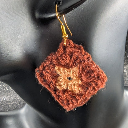 Granny Square Crochet Earrings – Handmade by Lutalica. Brown & Orange. Gift-ready packaging. 3cm x 3cm