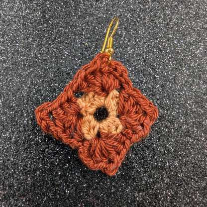 Granny Square Crochet Earrings – Handmade by Lutalica. Brown & Orange. Gift-ready packaging. 3cm x 3cm