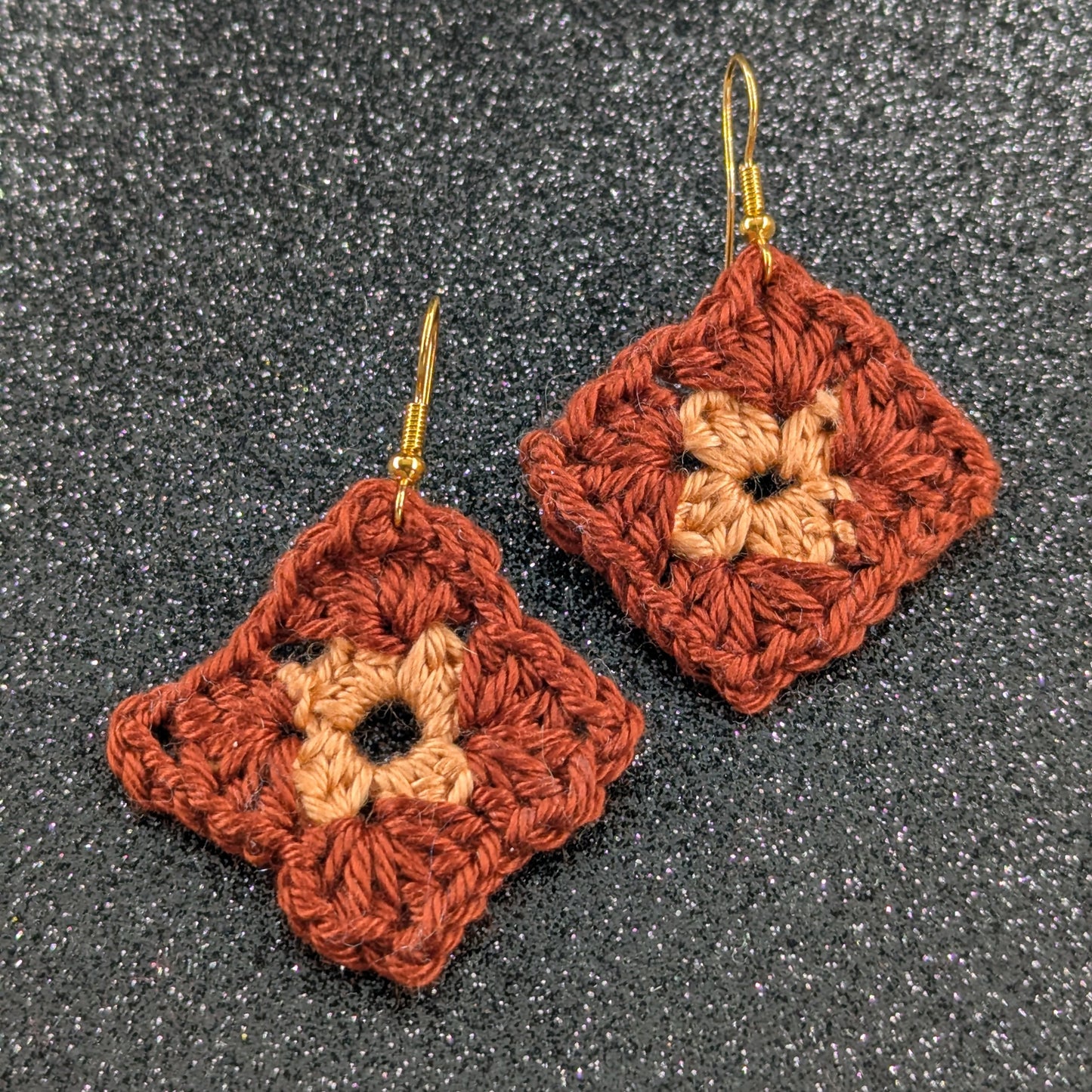 Granny Square Crochet Earrings – Handmade by Lutalica. Brown & Orange. Gift-ready packaging. 3cm x 3cm