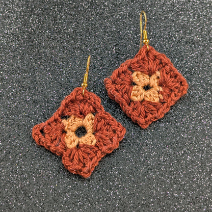 Granny Square Crochet Earrings – Handmade by Lutalica. Brown & Orange. Gift-ready packaging. 3cm x 3cm