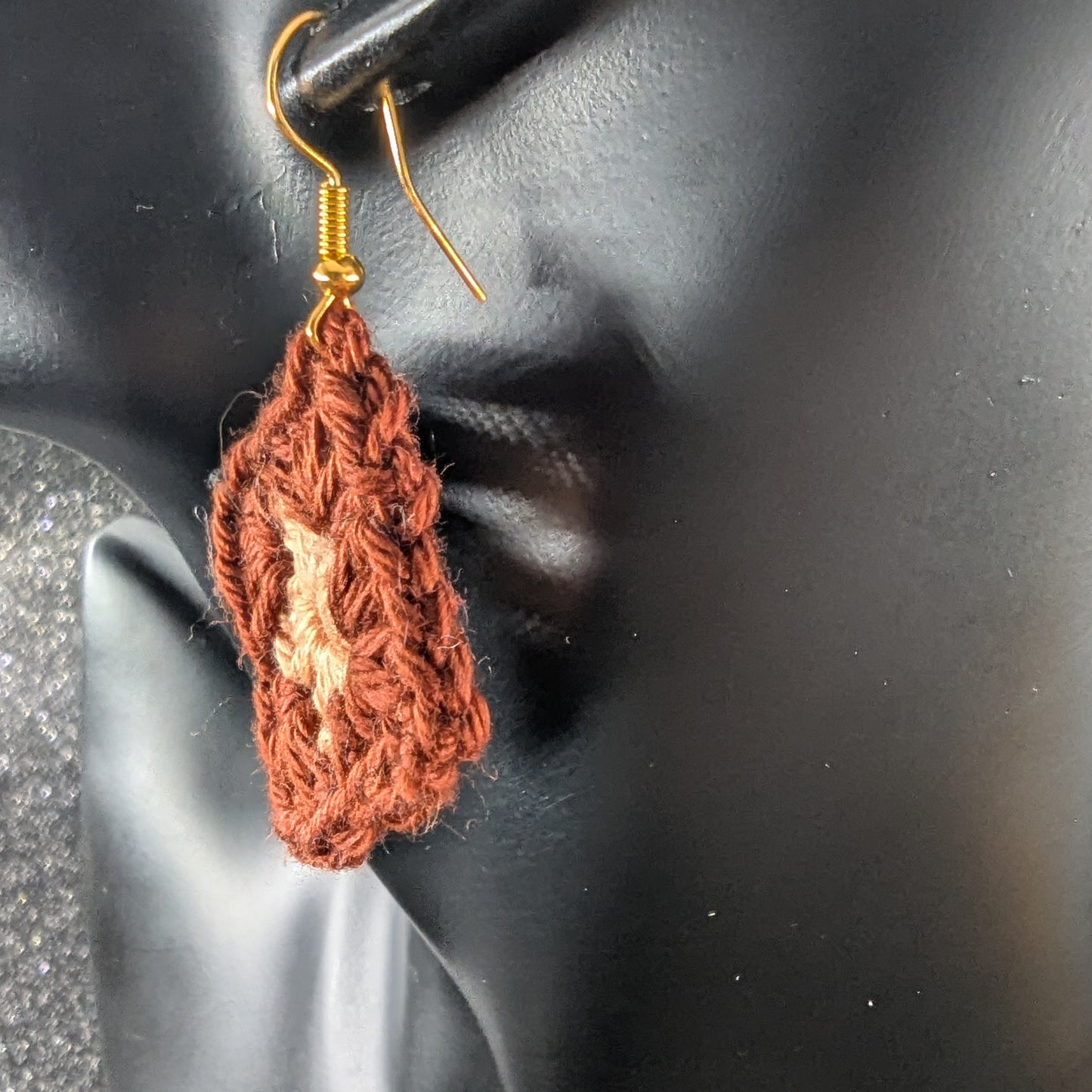 Granny Square Crochet Earrings – Handmade by Lutalica. Brown & Orange. Gift-ready packaging. 3cm x 3cm