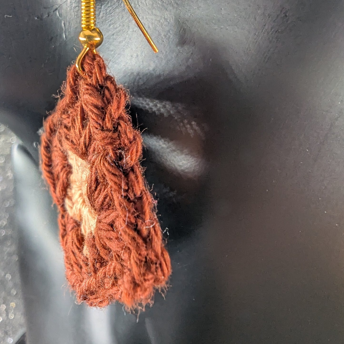 Granny Square Crochet Earrings – Handmade by Lutalica. Brown & Orange. Gift-ready packaging. 3cm x 3cm