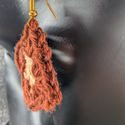 Granny Square Crochet Earrings – Handmade by Lutalica. Brown & Orange. Gift-ready packaging. 3cm x 3cm
