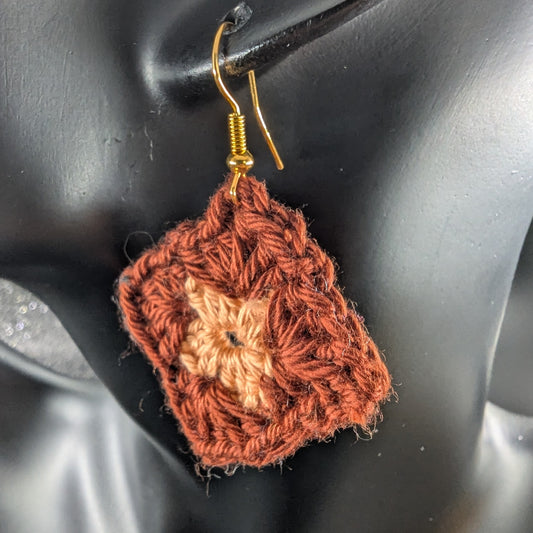 Granny Square Crochet Earrings – Handmade by Lutalica. Brown & Orange. Gift-ready packaging. 3cm x 3cm