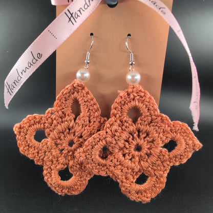 Diamond Shape Crochet Earrings – Handmade by Lutalica. Orange. Gift-ready packaging. 6cm x 6cm