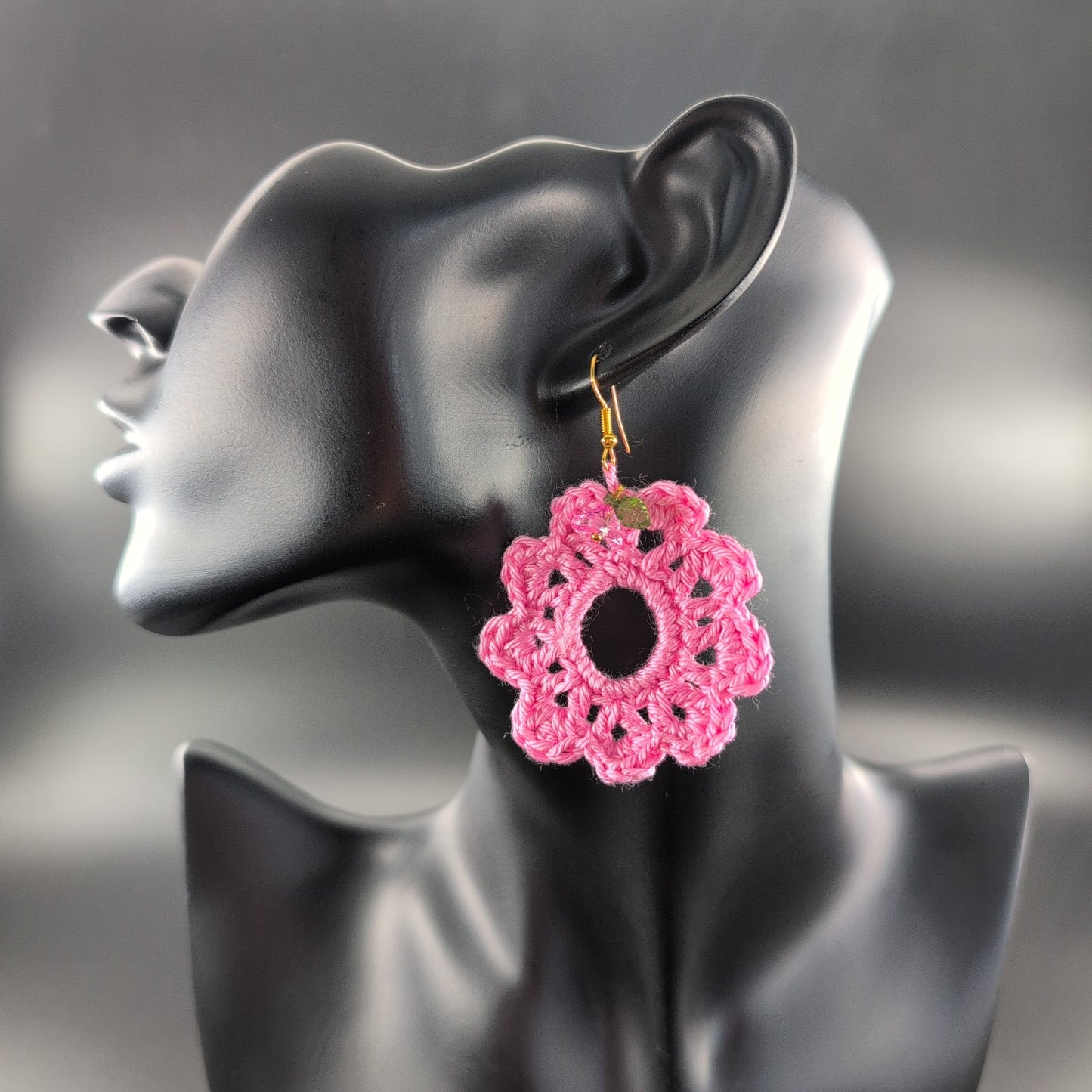 Flower Shape Crochet Earrings – Handmade by Lutalica. Rose. Gift-ready packaging. 5cm