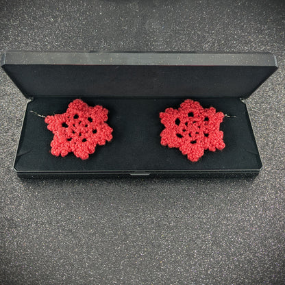 Flower Shape Crochet Earrings – Handmade by Lutalica. Coral. Gift-ready packaging. 6cm x 6cm
