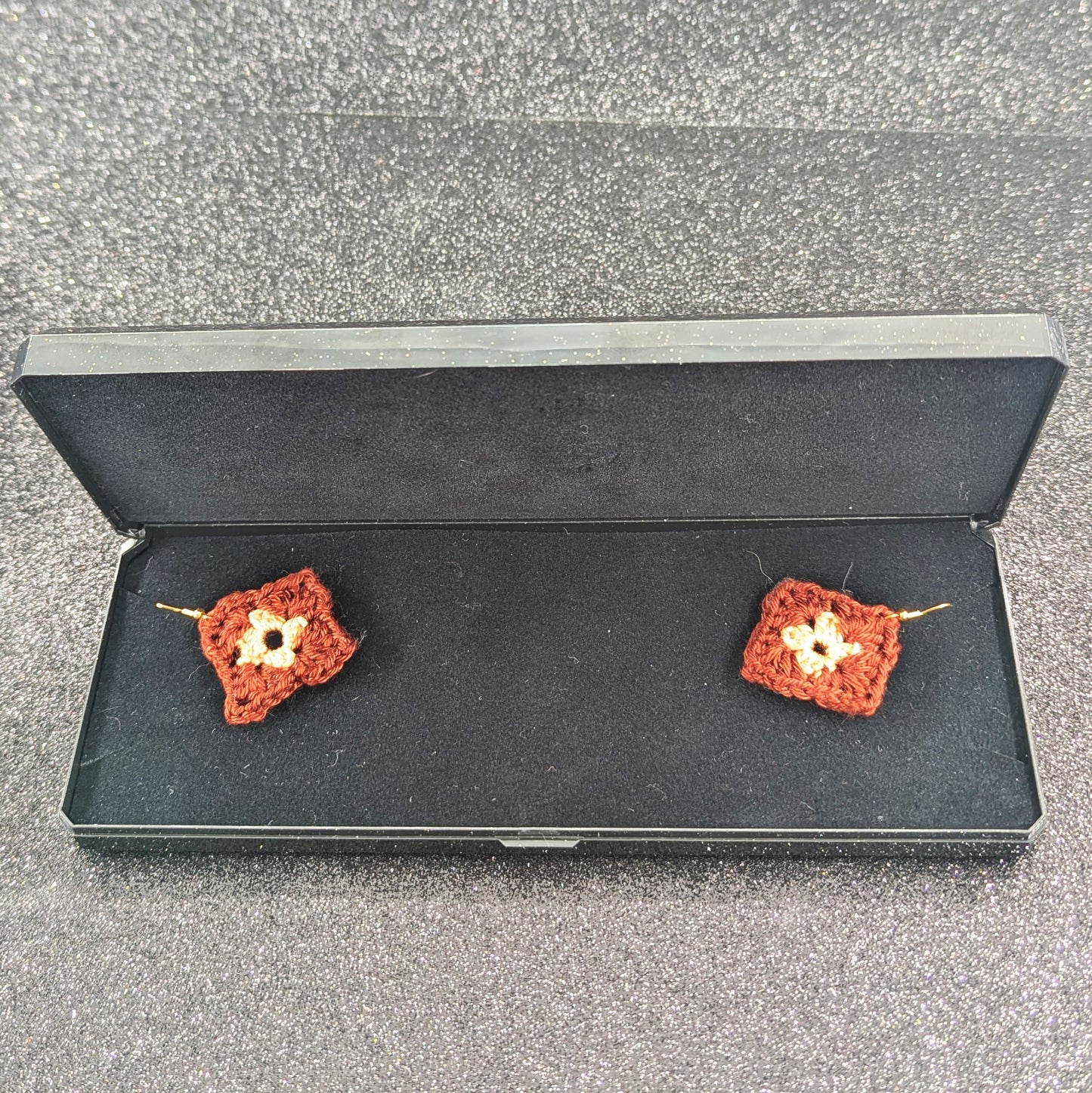 Granny Square Crochet Earrings – Handmade by Lutalica. Brown & Orange. Gift-ready packaging. 3cm x 3cm