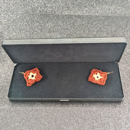 Granny Square Crochet Earrings – Handmade by Lutalica. Brown & Orange. Gift-ready packaging. 3cm x 3cm