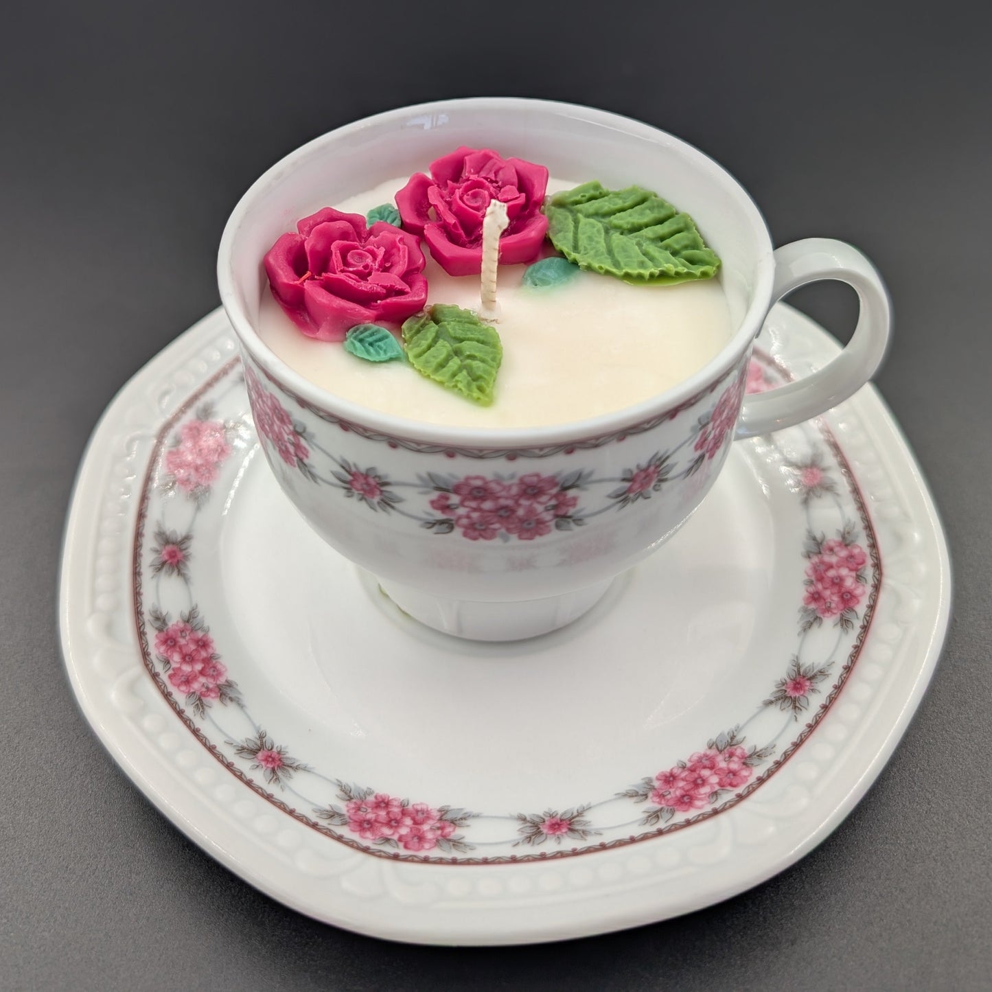 scented candle presented in an authentic Bavaria Mitterteich cup and saucer, marked with the original backstamp. 