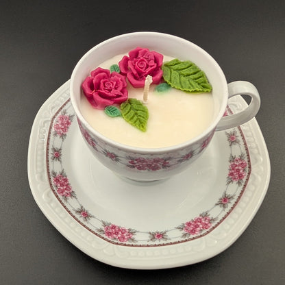 scented candle presented in an authentic Bavaria Mitterteich cup and saucer, marked with the original backstamp. 
