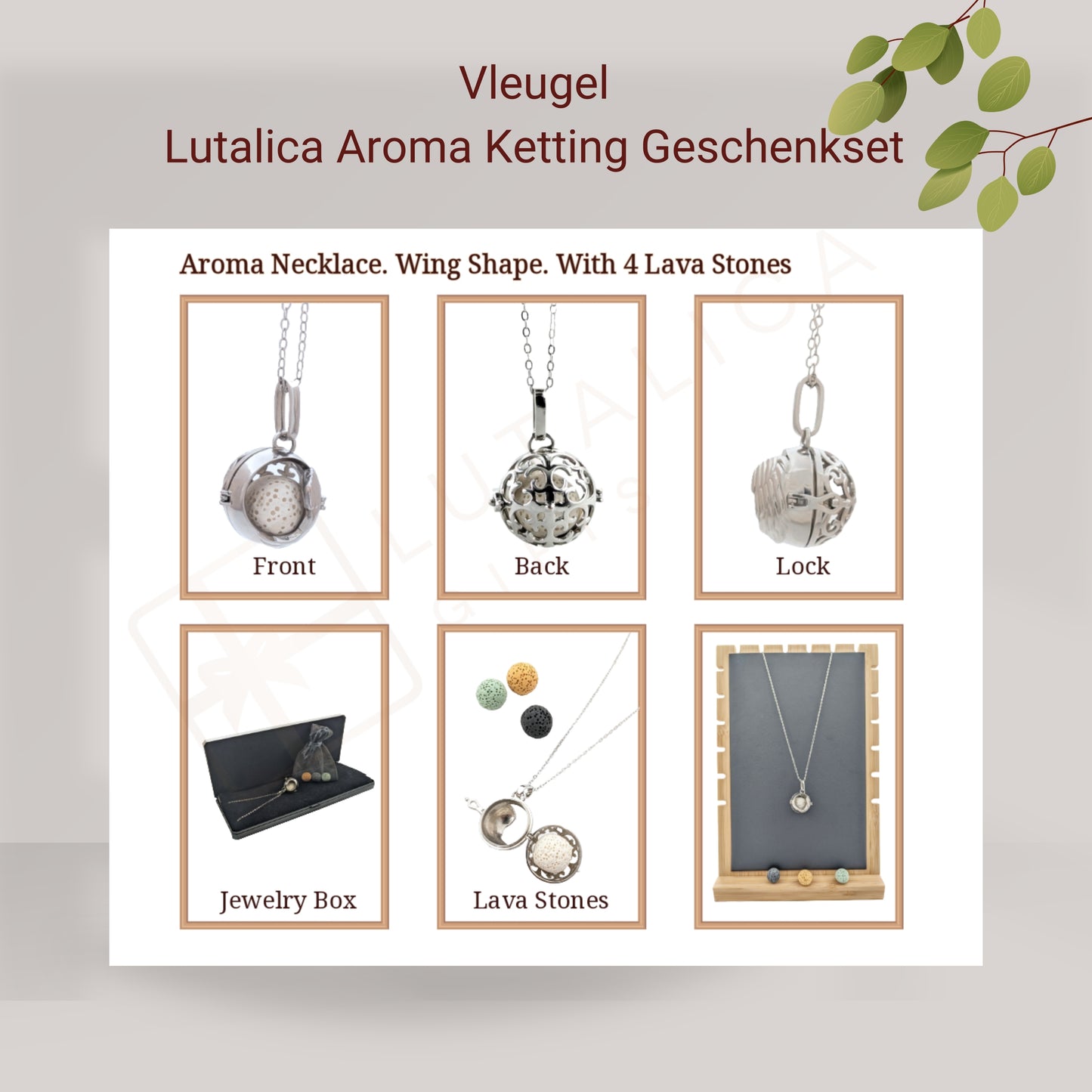 Aroma Necklace with Wing-shaped Pendant including 4 lava stones. | Packaged in a luxurious jewelry box