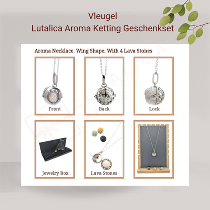 Aroma Necklace with Wing-shaped Pendant including 4 lava stones. | Packaged in a luxurious jewelry box