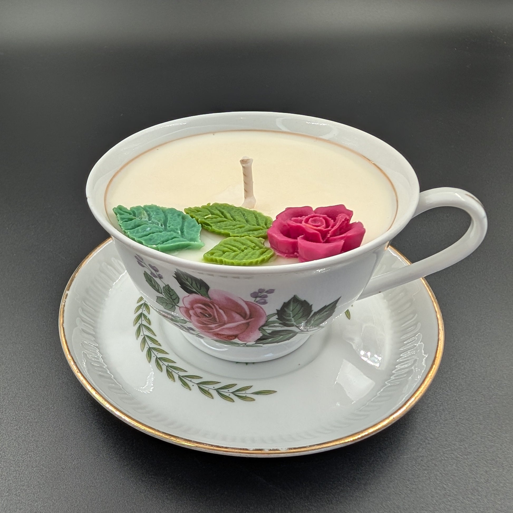 Handmade scented candle- in a vintage teacup with a rose. decorated with a rose wax. Delivery-Gift wrapped