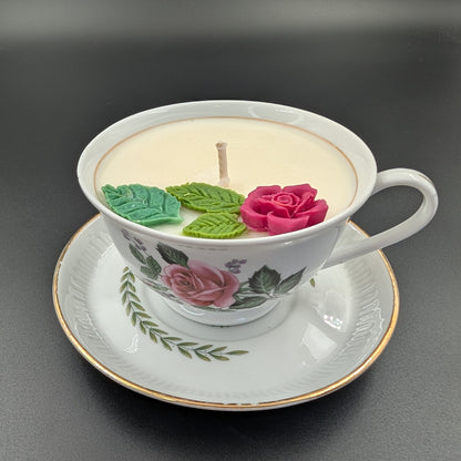 Handmade scented candle- in a vintage teacup with a rose. decorated with a rose wax. Delivery-Gift wrapped