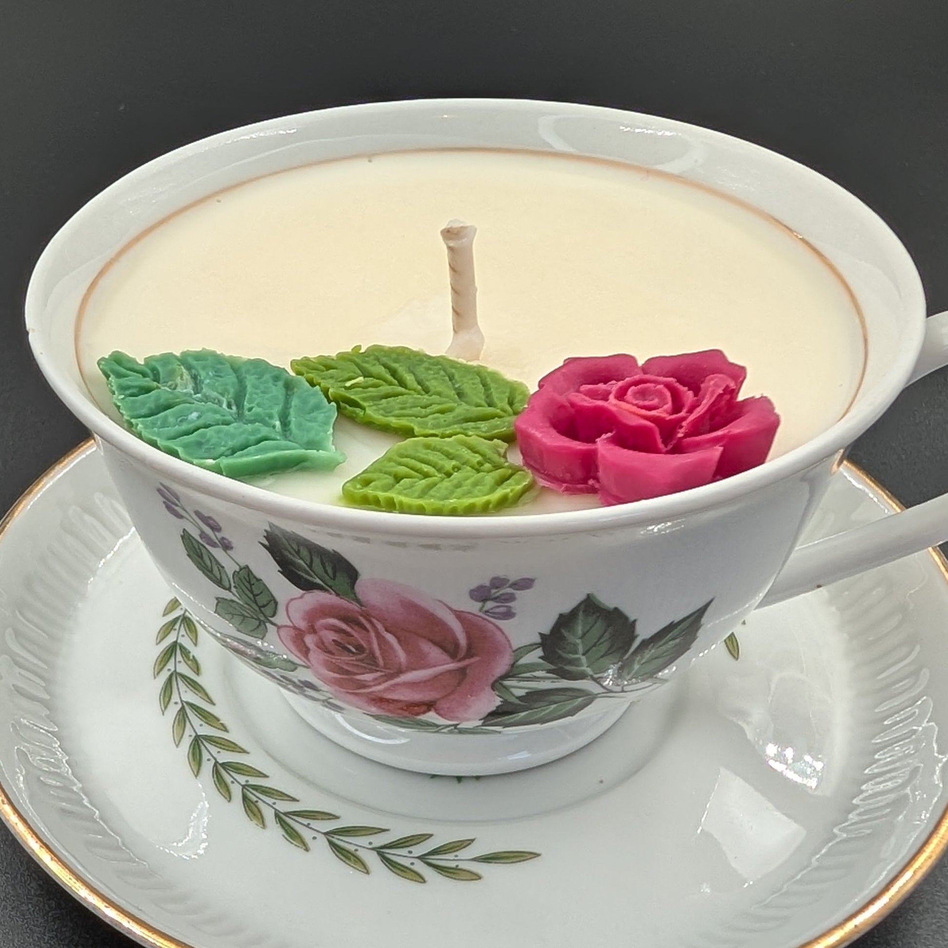 Handmade scented candle- in a vintage teacup with a rose. decorated with a rose wax. Delivery-Gift wrapped