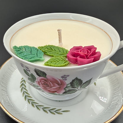 Handmade scented candle- in a vintage teacup with a rose. decorated with a rose wax. Delivery-Gift wrapped