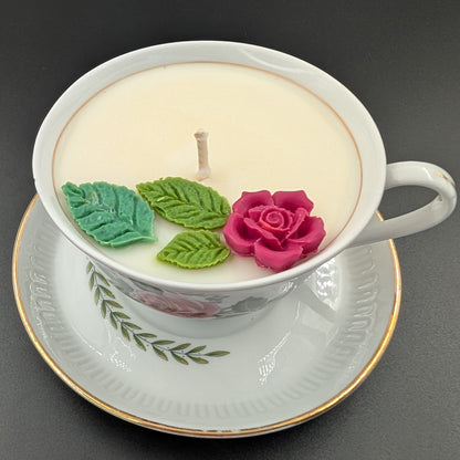 Handmade scented candle- in a vintage teacup with a rose. decorated with a rose wax. Delivery-Gift wrapped
