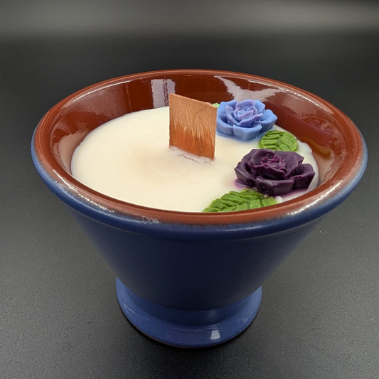 handmade scented candle in vintage cobal bowl 