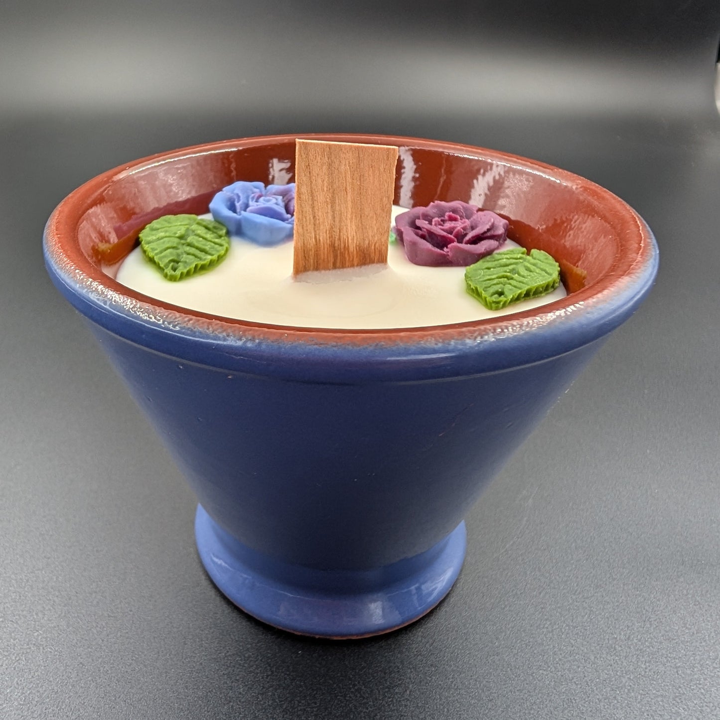 handmade scented candle in vintage cobal bowl- side